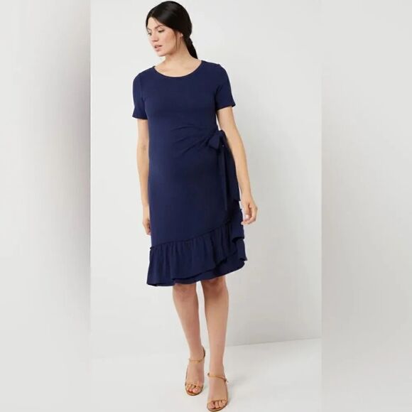 A Pea in the Pod Navy Blue RUFFLE HEM SIDE TIE MATERNITY DRESS, L! - Picture 10 of 10